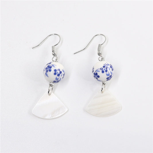 Ethnic style earrings blue and white porcelain printed ceramic fan-shaped shell earrings female long