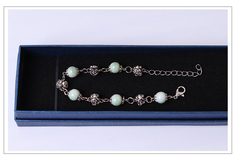 Fashionable and simple bohemian porcelain bead bracelet, alloy rose collocation, exquisitely hand-woven