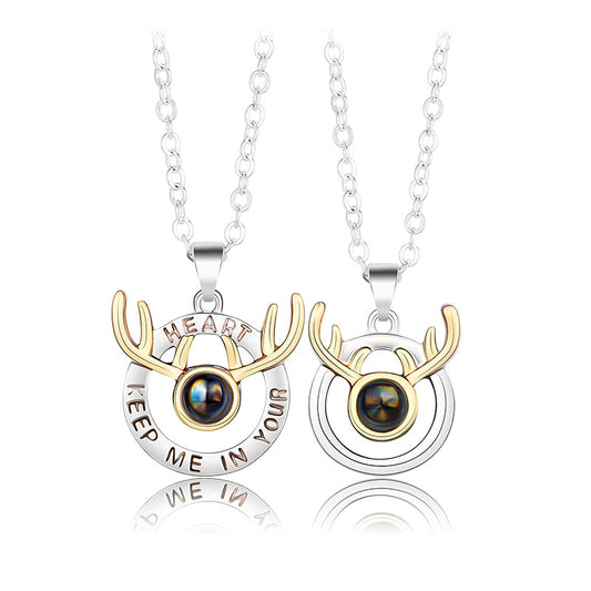 One deer has you couple necklace in 100 languages I love you projection stone two-color stitching Valentine's Day necklace