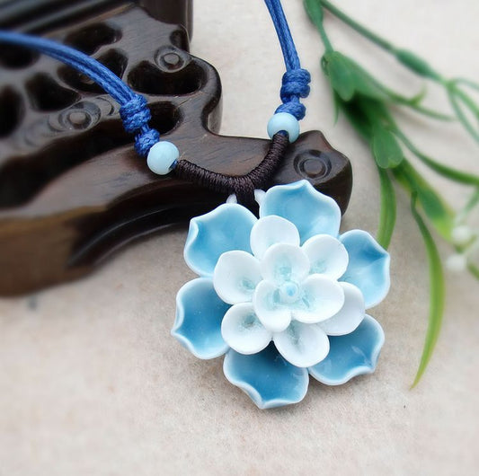 Female ceramic flower necklace literary lotus shape antique woven flower ceramic necklace