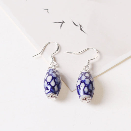 Jingdezhen ceramic retro ethnic style earrings blue and white porcelain earrings