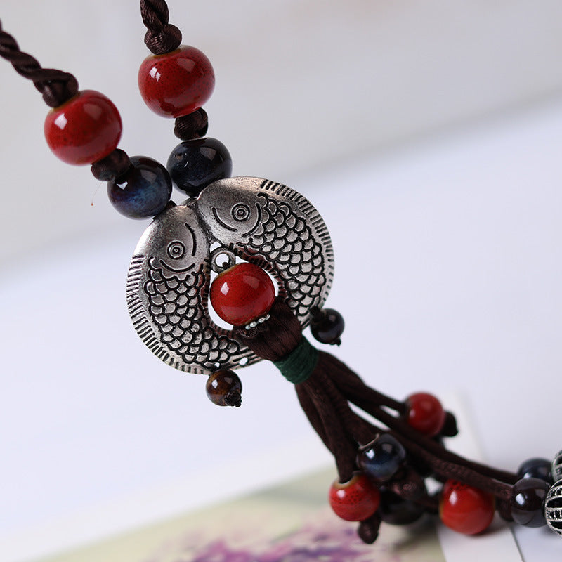 Ethnic style necklace ceramic handmade jewelry bracelet ceramic bead bracelet hand-woven