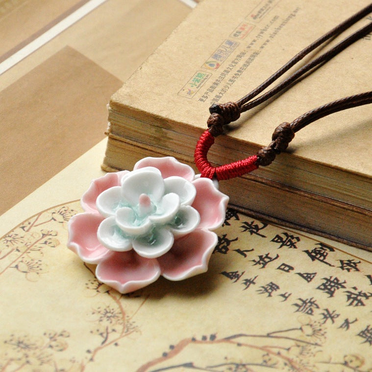 Female ceramic flower necklace literary lotus shape antique woven flower ceramic necklace