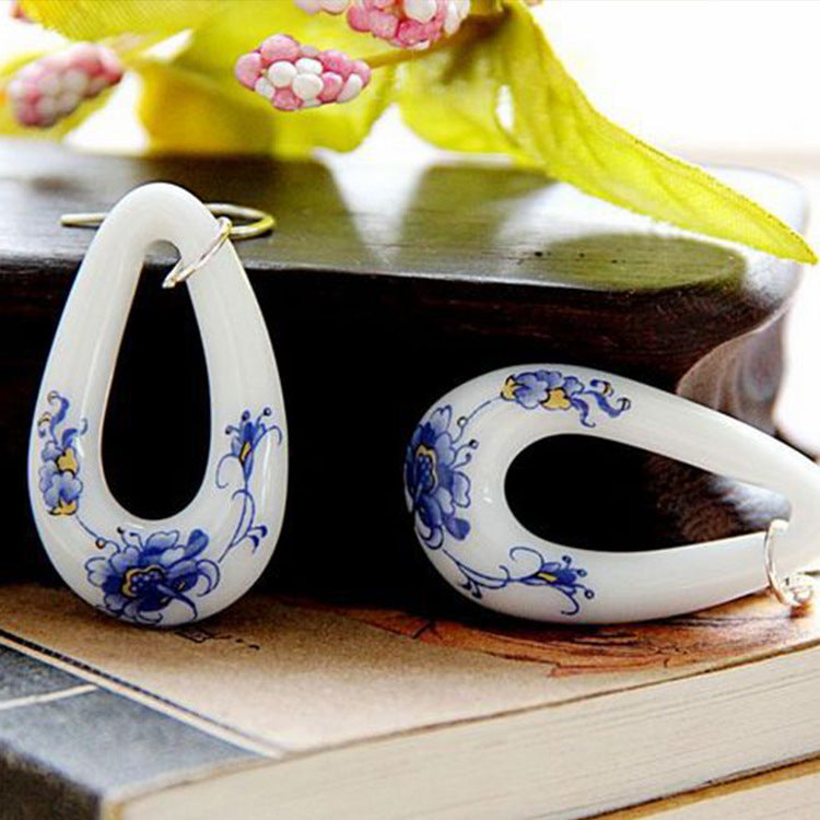 Jingdezhen ceramic traditional handmade earrings creative blue and white fashion earrings simple earrings