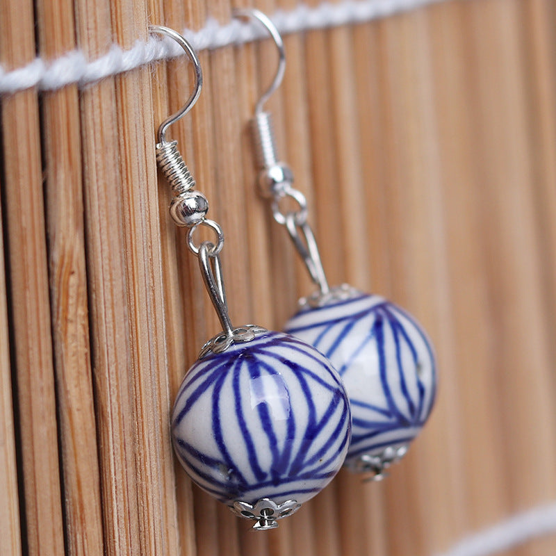 Blue and white ceramic vintage earrings Jingdezhen ethnic style earrings