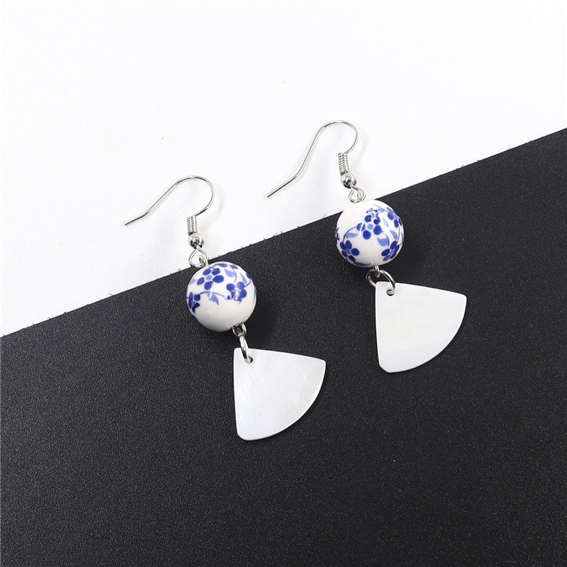 Ethnic style earrings blue and white porcelain printed ceramic fan-shaped shell earrings female long