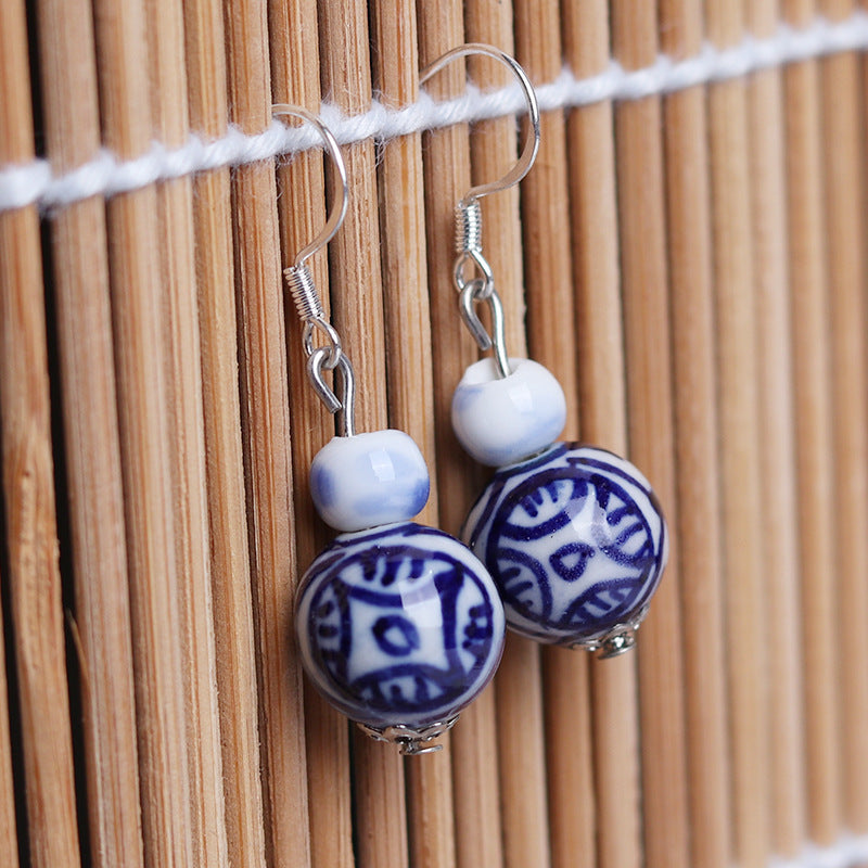 Blue and white ceramic vintage earrings Jingdezhen ethnic style earrings