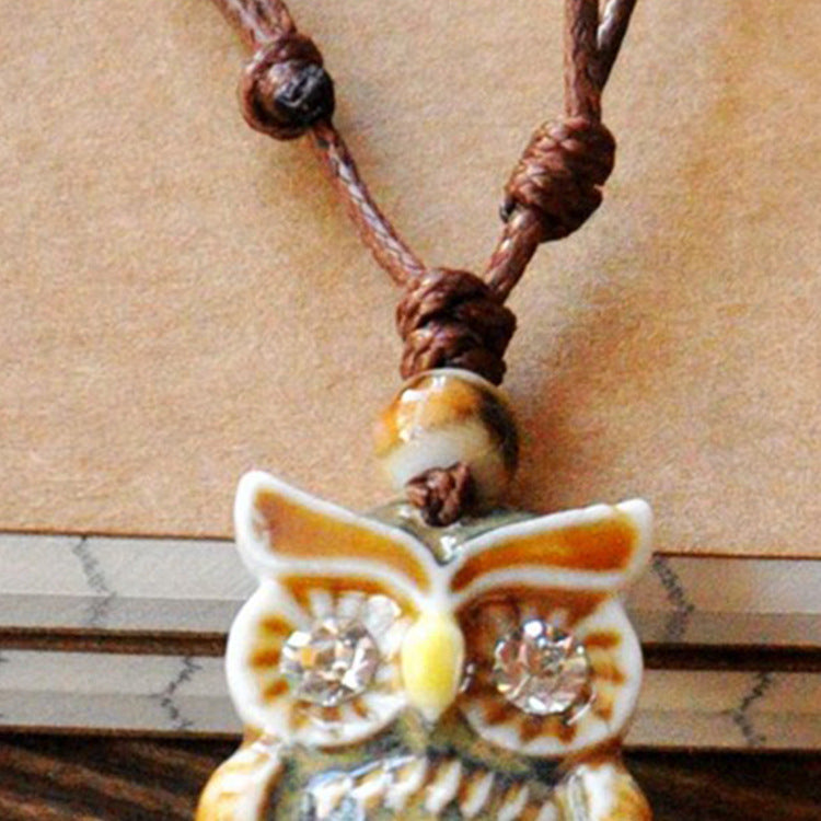 Ethnic style sweater chain, long adjustable ceramic necklace, female owl pendant, accessories, autumn and winter