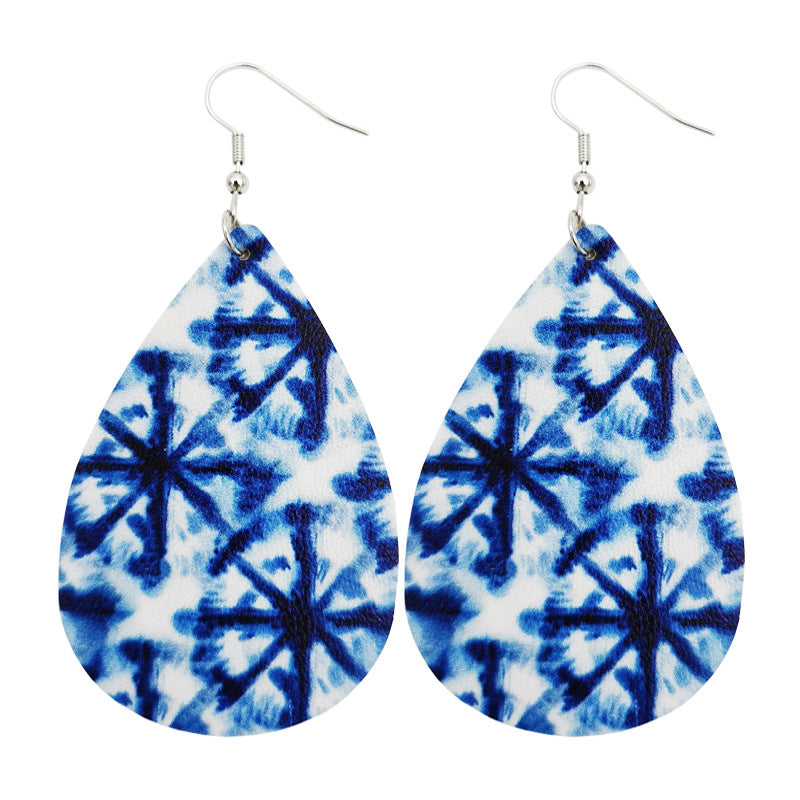 Original blue and white porcelain tie-dye leather earrings art ethnic style earrings