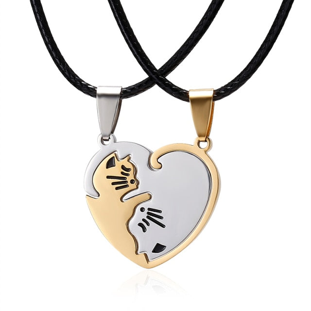 Animal Pendant Black White Cat Stitching Necklace Simple Friendship Gift Heart Shape Gold White Cat Cute Couple Jewelry Necklace