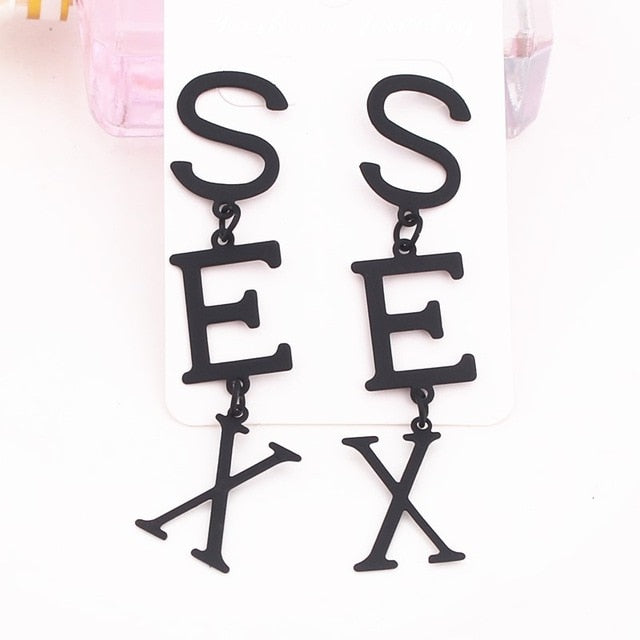 New English Alphabet SEX Long Drop Earring for Women Paint Gold Color Metal Statement Party Wedding Jewelry Accessories