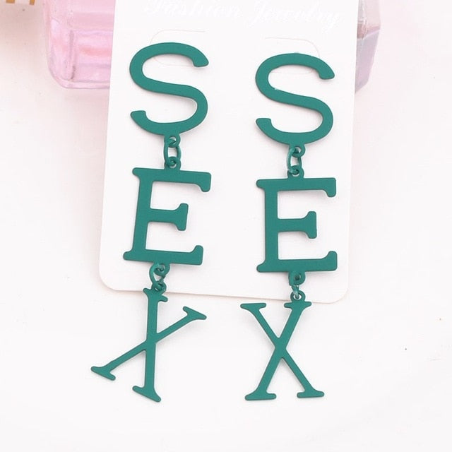 New English Alphabet SEX Long Drop Earring for Women Paint Gold Color Metal Statement Party Wedding Jewelry Accessories