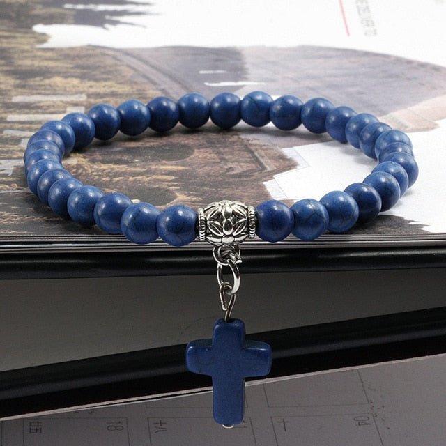 Vintage Cross Natural Stone 6mm Beads Bracelet Charm Men Blue Turquoises Pendant Strand Bracelets Bangles Women Fashion Jewelry