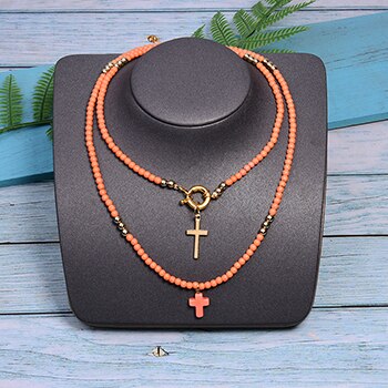 85 cm long women's cross pendant necklace fashion color beads boho double statement women's necklace direct sales