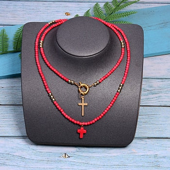 85 cm long women's cross pendant necklace fashion color beads boho double statement women's necklace direct sales