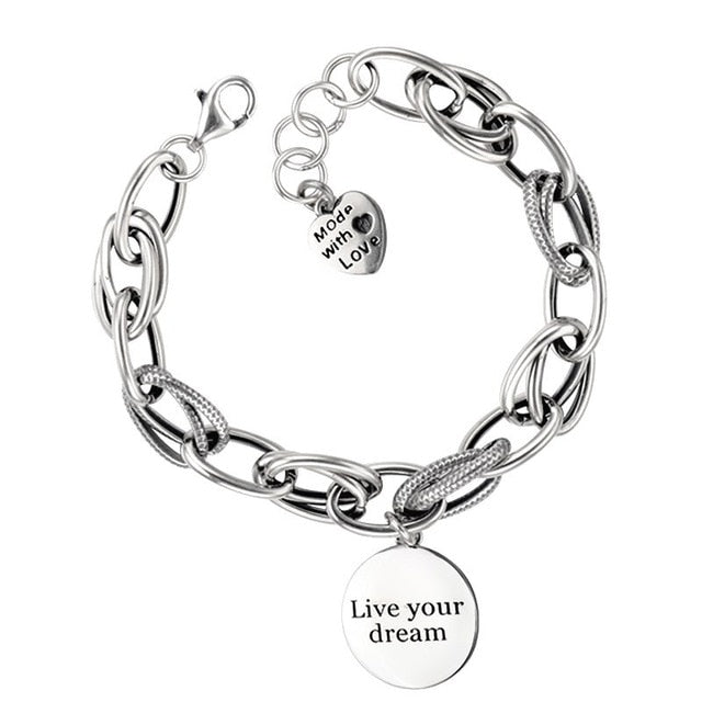 925 Sterling Silver Korean Love Pendant Bracelet Retro Thai Silver Thick Chain Round Letter Bracelet Female Jewelry