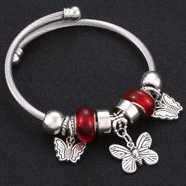 2020 New High Quality 6 Colors Lobster Buckle Snake Chain Bangles Beaded Bracelet Fit Jewelry Butterfly Flower Crown shape