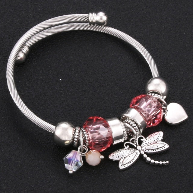 2020 New High Quality 6 Colors Lobster Buckle Snake Chain Bangles Beaded Bracelet Fit Jewelry Butterfly Flower Crown shape