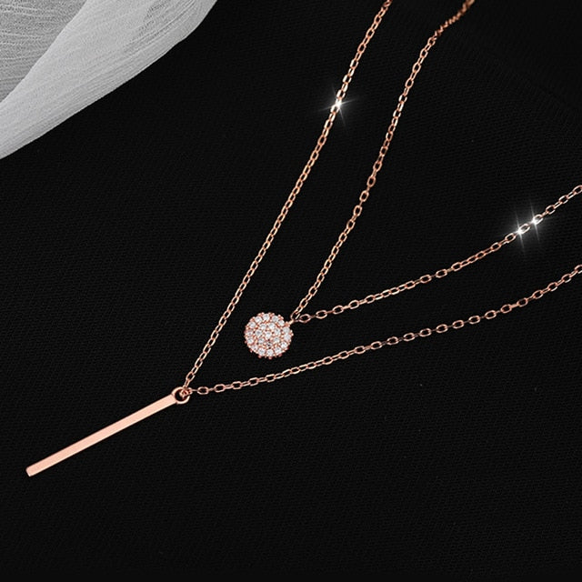 925 Sterling Silver Double layer Necklace Round Shiny Full Zircon Long pendant Necklaces Gift For Girl Fine Accessories