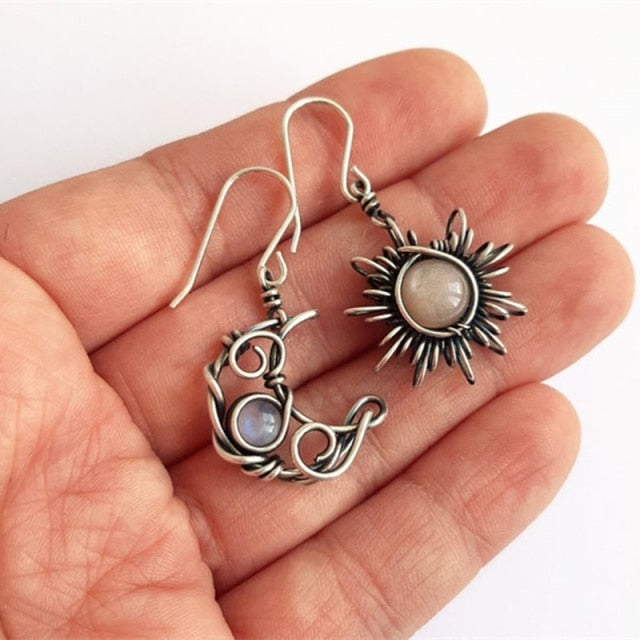 Bohemia Sun and Moon Earrings Silver Color Crystal Drop Earrings Women Female Boho Fashion Jewelry Gift for her