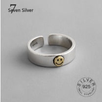 Real 925 sterling silver finger rings for women yellow smile face Trendy fine Jewelry Large Adjustable Antique Rings Anillos
