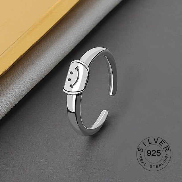 Real 925 sterling silver finger rings for women yellow smile face Trendy fine Jewelry Large Adjustable Antique Rings Anillos