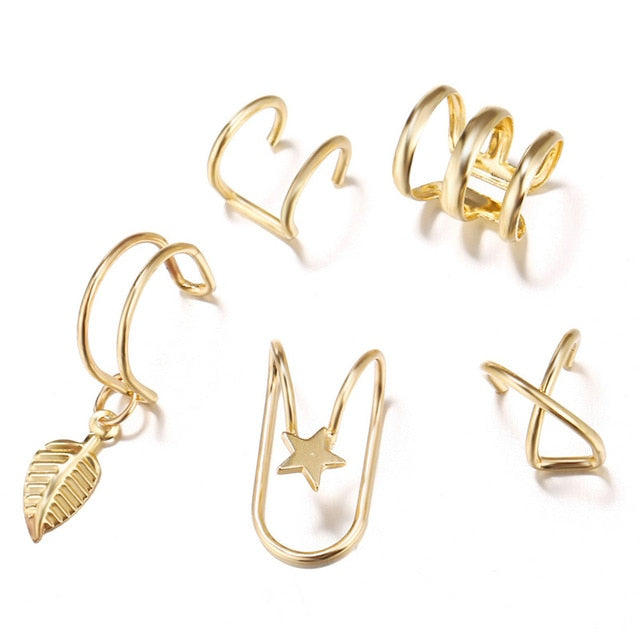 7pcs Fashion Gold Star Leaves Non-Piercing Ear Clip Earrings For Women Simple Fake Cartilage Ear Cuff Jewelry Clip Accessories