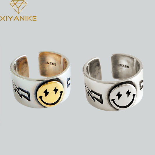 XIYANIKE 925 Sterling Silver Vintage Width Party Rings Creative Classic Smiling Face for Women Size 16mm Adjustable