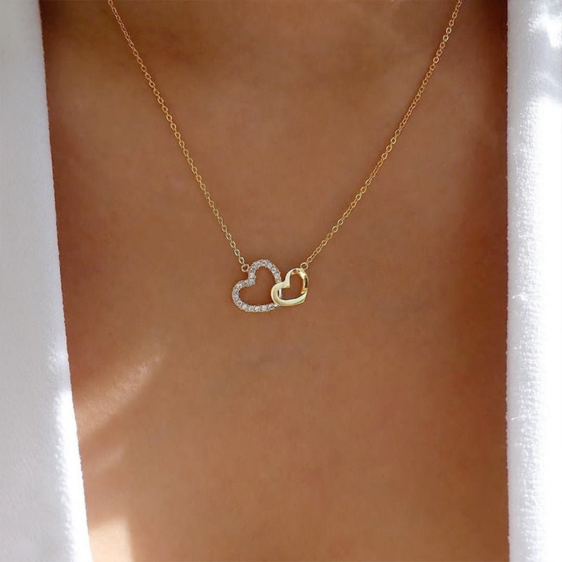 Romantic Simple Big Small Heart-shaped Necklace Exquisite Crystal Zircon Pendant Gold Clavicle Chain Women's Wedding Jewelry