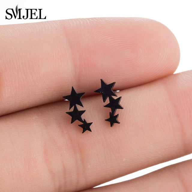 Stainless Steel Earrings Geoemetric Women Men Hip hop Black Three Star Triangle Stud Earring Fashion Jewelry Gift Friend