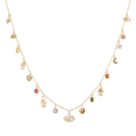 Lucky Eye Fatima Hand Heart Star Evil Eye Pendants Necklace for Women Gold Silvery Aesthetic Necklaces Trendy Rhinestone Jewelry