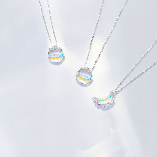 Glowing Moon Necklace Women Pendant Hollow Stone Pendant Crystal Meniscus Full Moon Choker Charm Jewelry