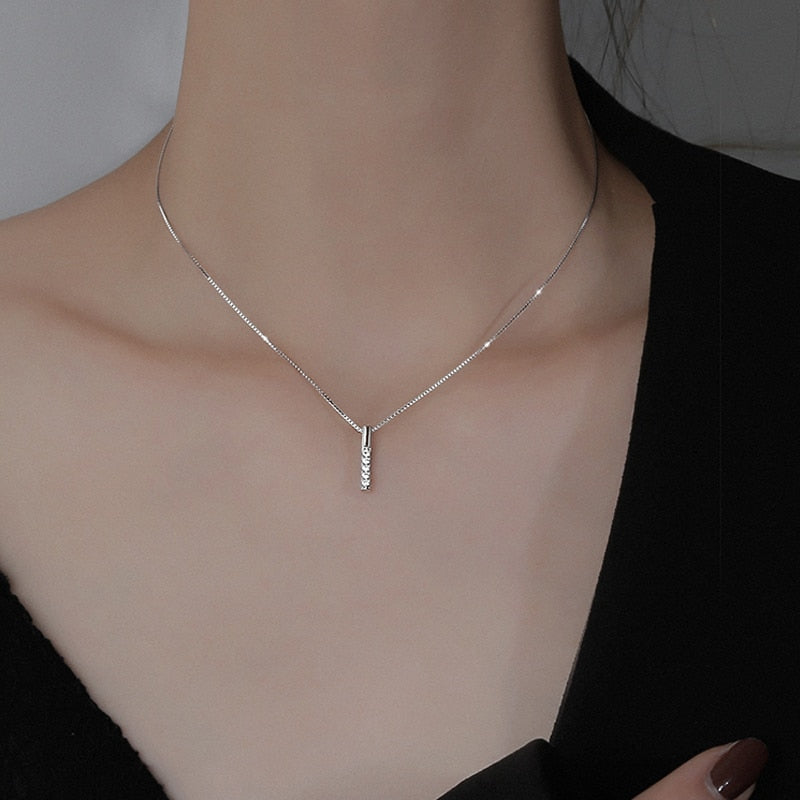 925 Sterling Silver Shiny Zircon Simple Long Strip Pendant Clavicle Chain Choker Necklace Gift For Girl Fine Jewelry