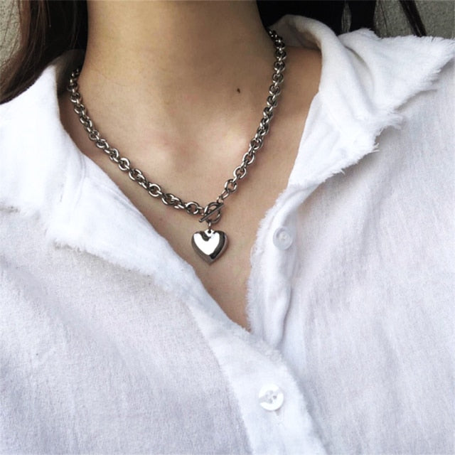 Punk Thick Chain Heart Choker Necklace Retro Gothic Rock Gold Color Silver Color Geometric Clavicle Necklace Jewelry Gift