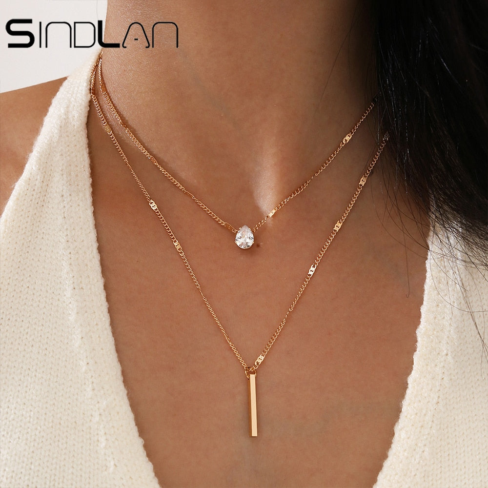 Simple Crystal Geometric Gold Pendant Necklace Set for Women Charms Kpop Fashion Square Rhinestone Female Vintage Jewelry Collar