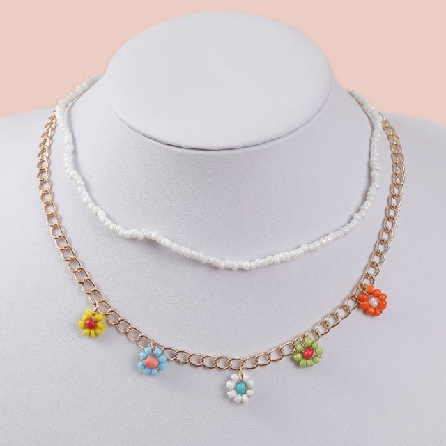 2 Pcs/Set Bohemian Multicolor Beaded Necklaces For Women Boho Gold Color Metal Chain Handmade Beads Flower Necklace Jewelry