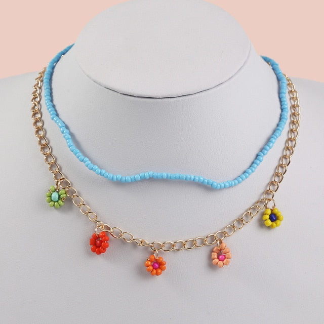 2 Pcs/Set Bohemian Multicolor Beaded Necklaces For Women Boho Gold Color Metal Chain Handmade Beads Flower Necklace Jewelry