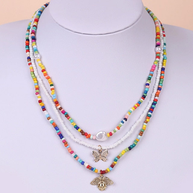 2 Pcs/Set Bohemian Multicolor Beaded Necklaces For Women Boho Gold Color Metal Chain Handmade Beads Flower Necklace Jewelry