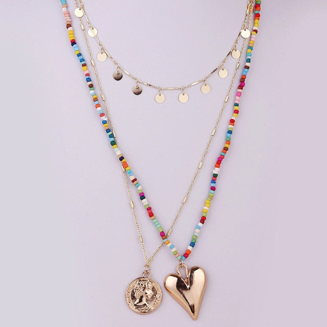 2 Pcs/Set Bohemian Multicolor Beaded Necklaces For Women Boho Gold Color Metal Chain Handmade Beads Flower Necklace Jewelry