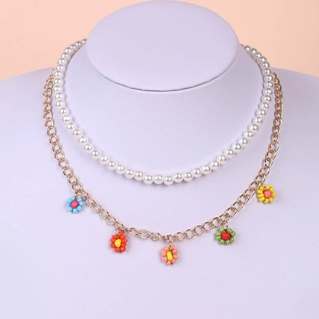 2 Pcs/Set Bohemian Multicolor Beaded Necklaces For Women Boho Gold Color Metal Chain Handmade Beads Flower Necklace Jewelry