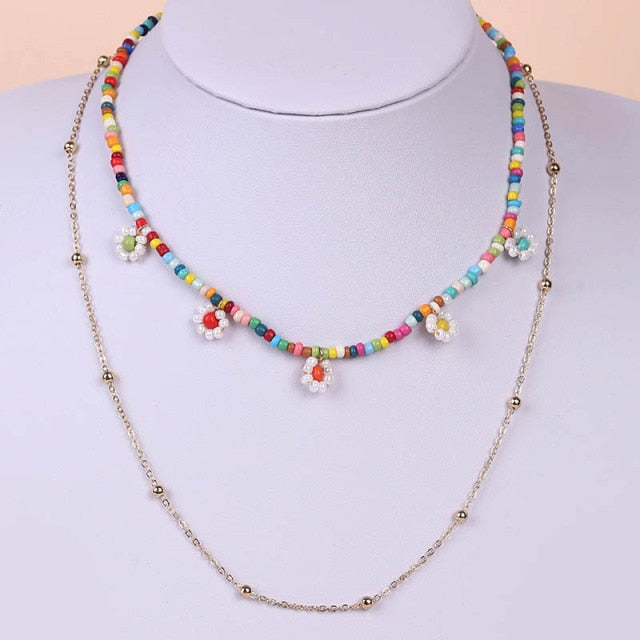 2 Pcs/Set Bohemian Multicolor Beaded Necklaces For Women Boho Gold Color Metal Chain Handmade Beads Flower Necklace Jewelry