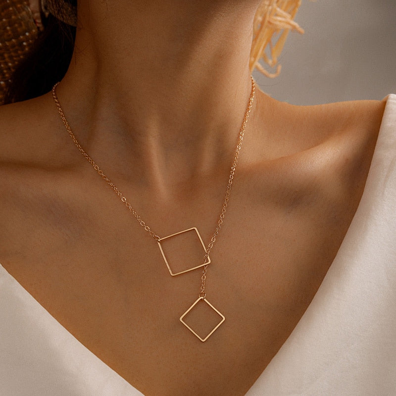 HuaTang Simple Design Hollow Square Pendant Necklace for Women Geometric Metal Clavicle Chain Female Summer Jewelry Accessories