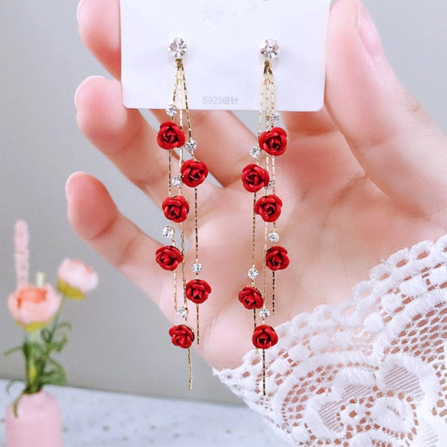 Vintage Gorgeous Blue Red Petal Pendientes Piercing Earrings For Women Bohemian Rose Flower Tassel Long Earring Fashion Jewelry