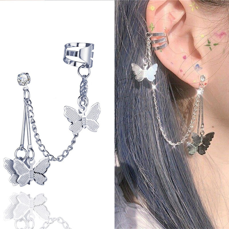 Modyle 2021 Fashion Butterfly Clip Earrings Ear hook Silver Color Ear Clips Double pierced Earring Earrings Women Girls Jewelry