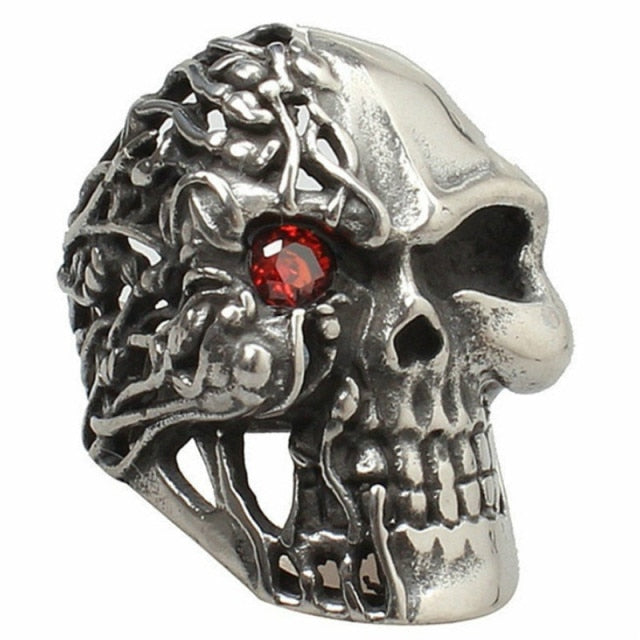 FDLK  Vintage Punk Skull Ring Men Hip Hop Engagement Ring Male Fashion Red Zircon Rings For Women Jewelry Silver Color Rings