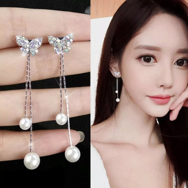 Long Dangle Earrings for Women 2021 Fashion Full Crystal Simulated Pearl Tassel Drop Earring Vintage Gold Brincos Jewelry