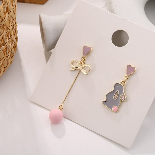 Korean Style Flower Cute Animal Dangle Earrings For Women Moon Stars Kitten Rabbit Balloon Asymmetric Earring Party Jewelry Gift