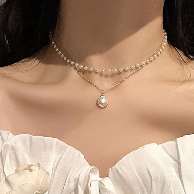 New Beads Women's Neck Chain Kpop Pearl Choker Necklace Gold Color Goth Chocker Jewelry On The Neck Pendant 2021 Collar For Girl