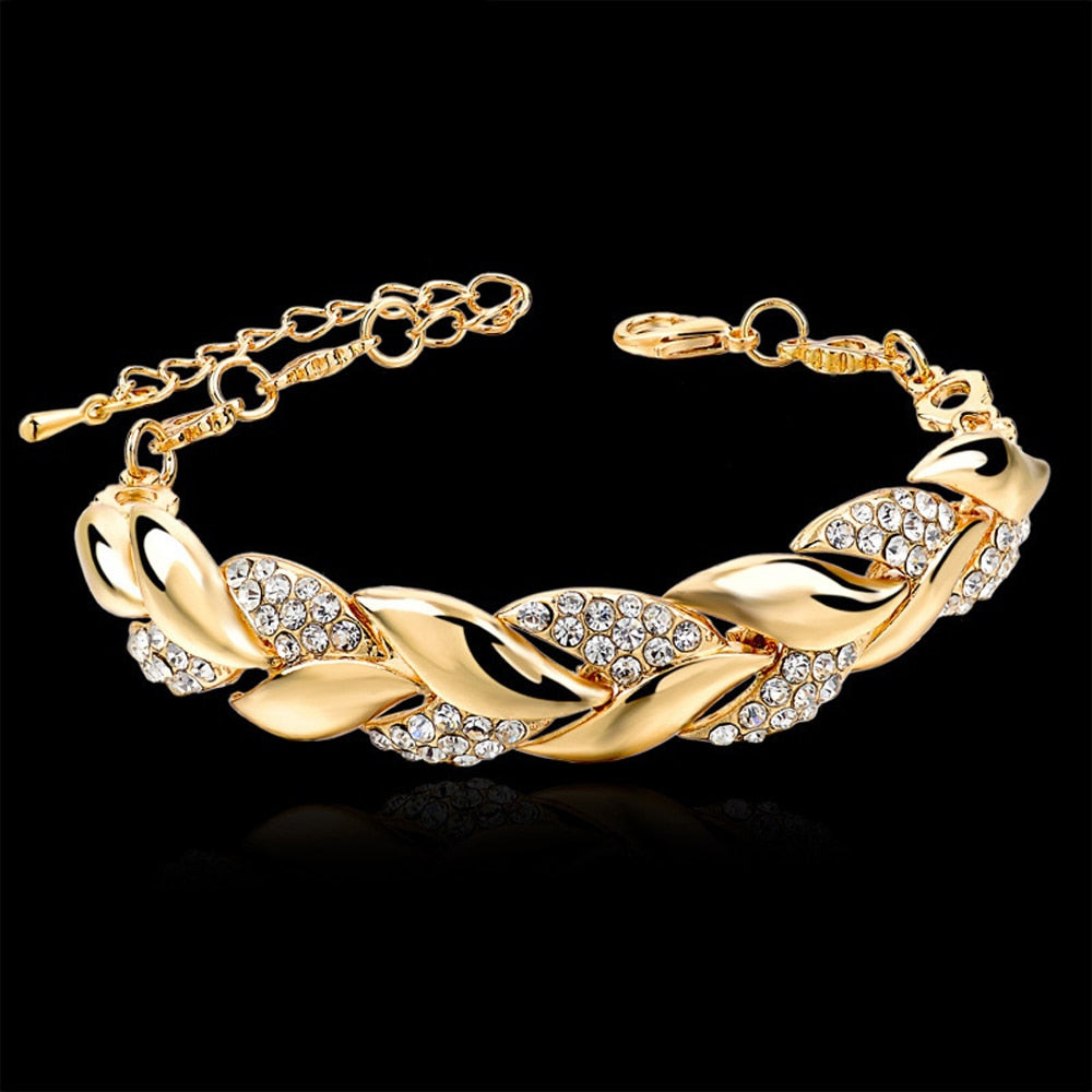 Bohemian Style Women Girls Gold Bracelet  Rhinestone Leaves Chain Bangle Luxury Wedding Jewelry Simple Fashion Elegant New
