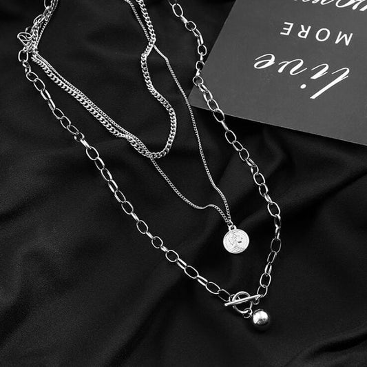 Personality Hip Hop Multilayer Necklace Metal Cross Pendant Silver Necklace Women's Men's Unisex Jewelry